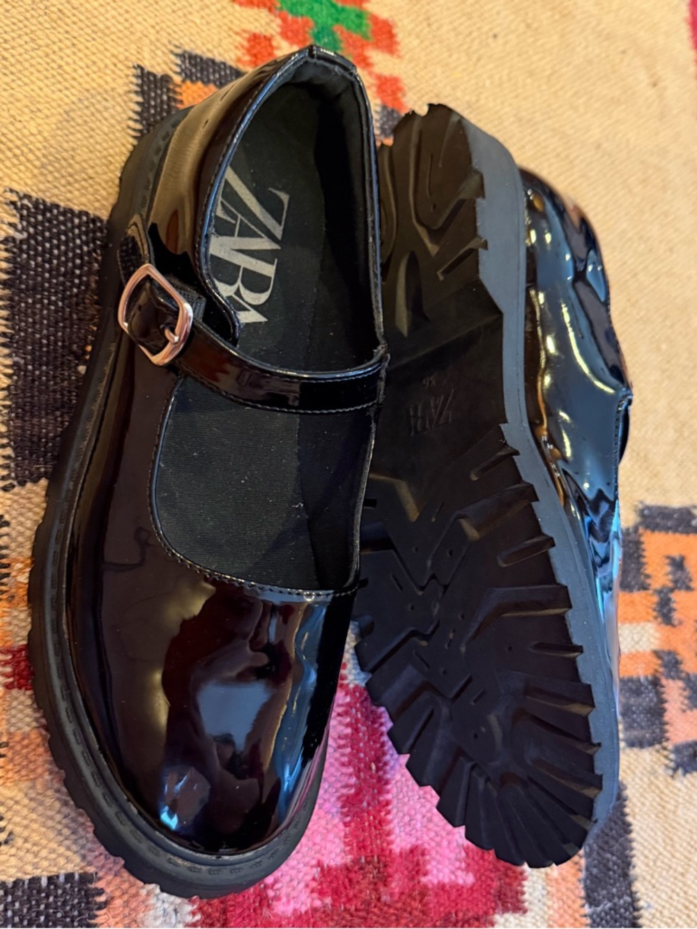 Zara Black Patent Mary Jane Platform Loafers